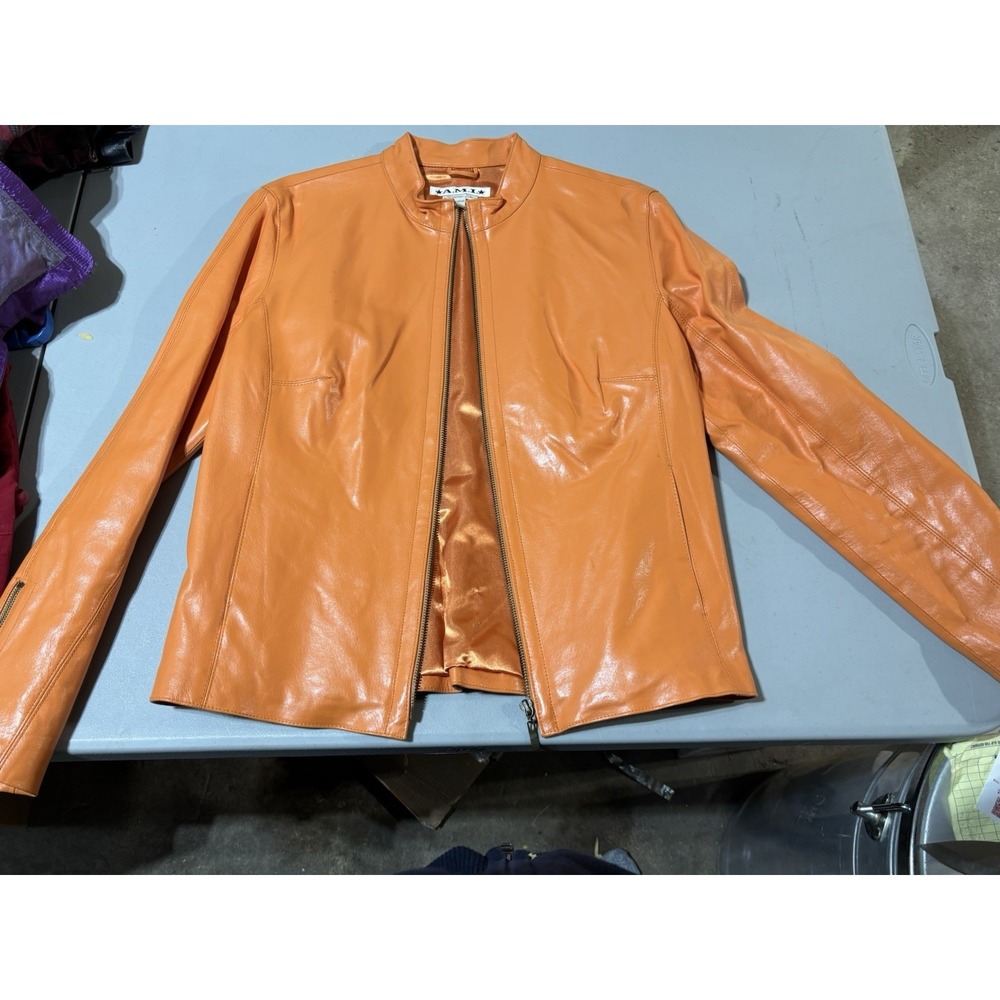 A.M.I. Satin Leather Jacket Size L Orange Collared Pockets‎ Full Zip